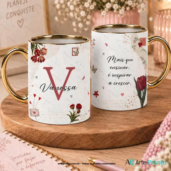 Arte para caneca - Floral vintage professora