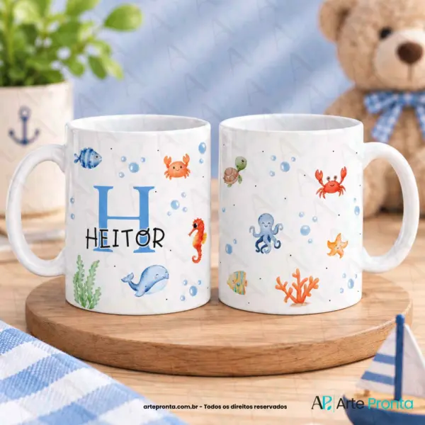 Arte para caneca - Fundo do mar Menino